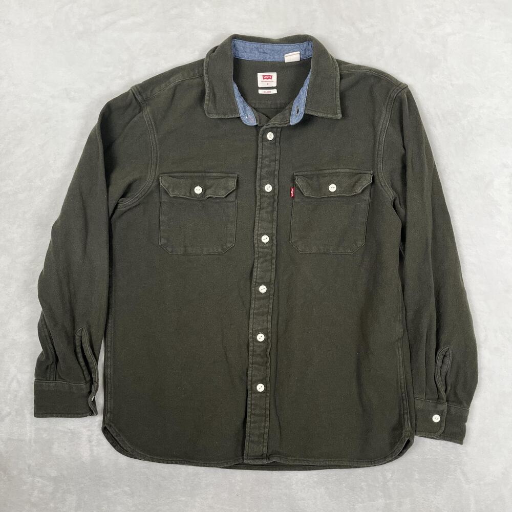 Levi's Shirt Mens Medium Green Solid Fleece Long Sleeve Button Front Casual